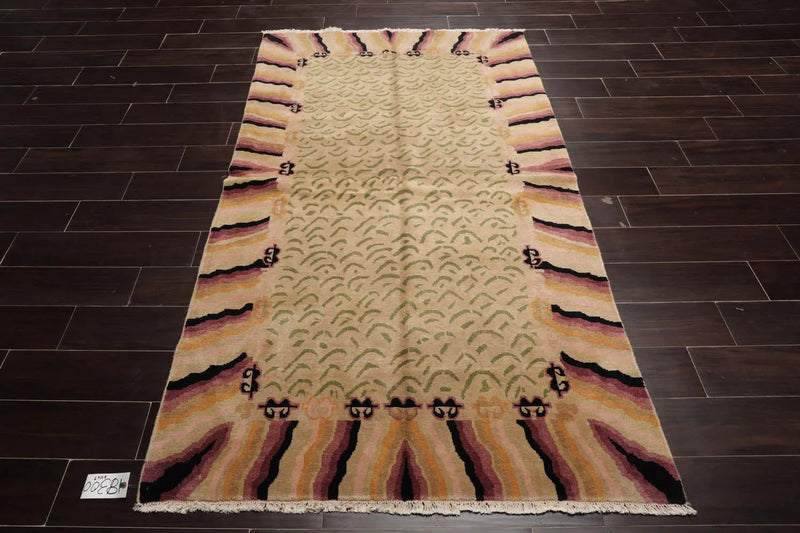 3'11 x 7' Beige, Sage Hand Knotted Tibetan 100% Wool Michaelian & Kohlberg Modern & Contemporary Oriental Area Rug