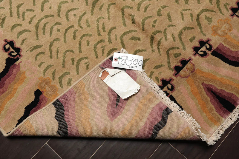 3'11 x 7' Beige, Sage Hand Knotted Tibetan 100% Wool Michaelian & Kohlberg Modern & Contemporary Oriental Area Rug