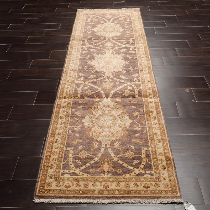 2'7"x7'10" Runner Gray, Beige Hand Knotted 100% Wool Peshawar Traditional Oriental Area Rug