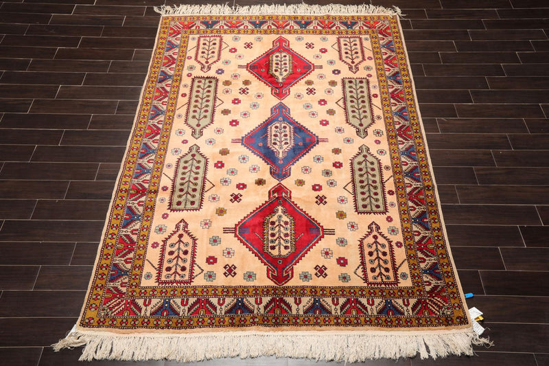 6'6" x 9'4" Hand Knotted Handmade Wool Arts & Craft Kazak Area Rug Light Peach