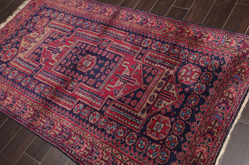 4'2" x 6'11" Antique Hand Knotted Wool Turkish Sparta Oriental Area Rug Navy