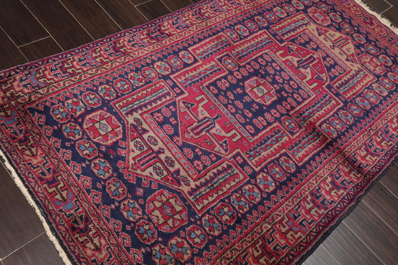 4'2" x 6'11" Antique Hand Knotted Wool Turkish Sparta Oriental Area Rug Navy