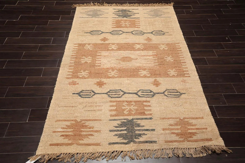5’2” x 8’3”Hand Woven Natural Fiber Jute Southwestern Flatweave Kilim Area Rug