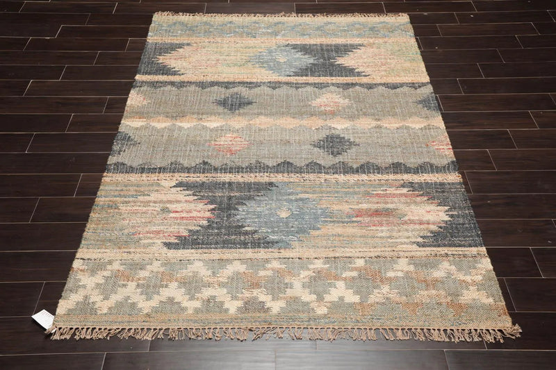 5'6''x7'3'' Hand Woven Natural Fiber Jute Southwestern Flatweave Kilim Area Rug