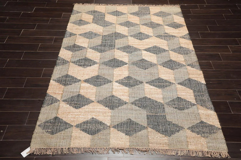 5’6”x7’9”Hand Woven Natural Fiber Jute Modern Graphic Flatweave Kilim Area Rug