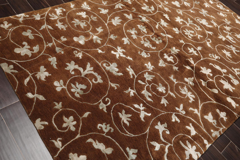 5'8" x 8'5" Hand Knotted Tibetan Wool & Art Silk Floral Oriental Area Rug Brown
