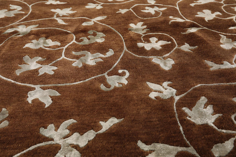 5'8" x 8'5" Hand Knotted Tibetan Wool & Art Silk Floral Oriental Area Rug Brown