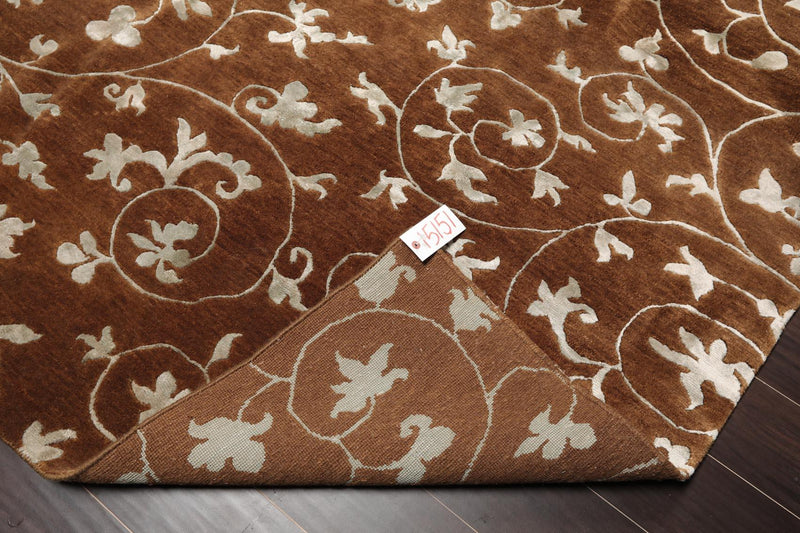 5'8" x 8'5" Hand Knotted Tibetan Wool & Art Silk Floral Oriental Area Rug Brown