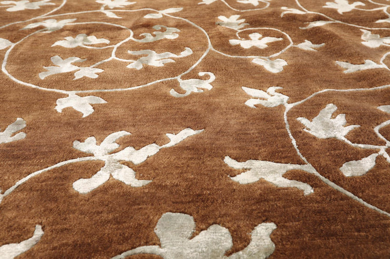 5'8" x 8'5" Hand Knotted Tibetan Wool & Art Silk Floral Oriental Area Rug Brown