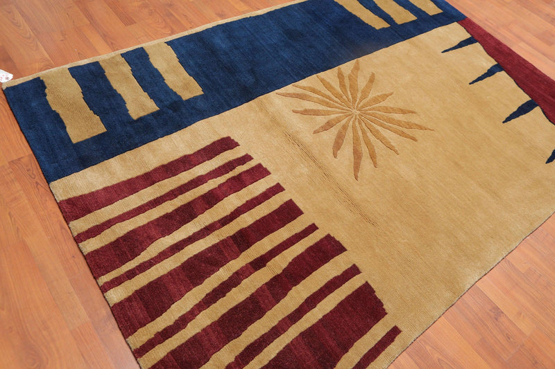 5'7" x 8'2" Hand Knotted Modern Abstract Wool Tibetan Area Rug Tan