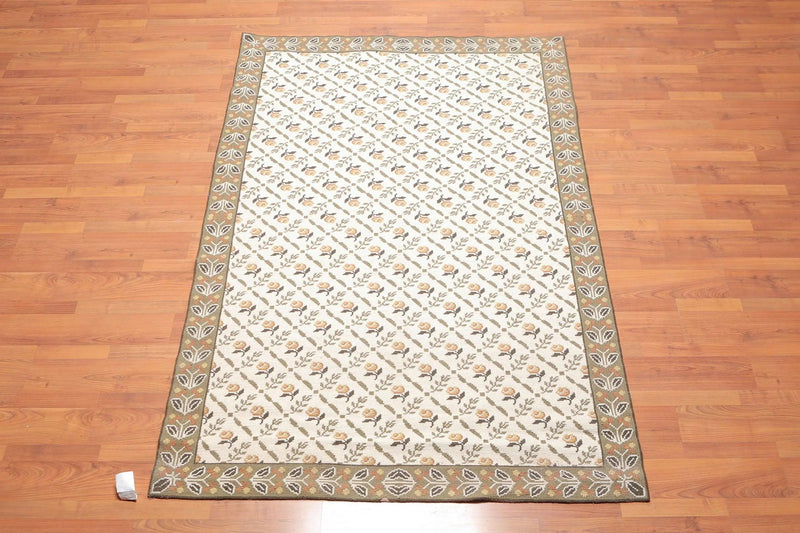 5' x 8' Hand Woven Floral Flatweave Wool French Needlepoint Area Rug Beige