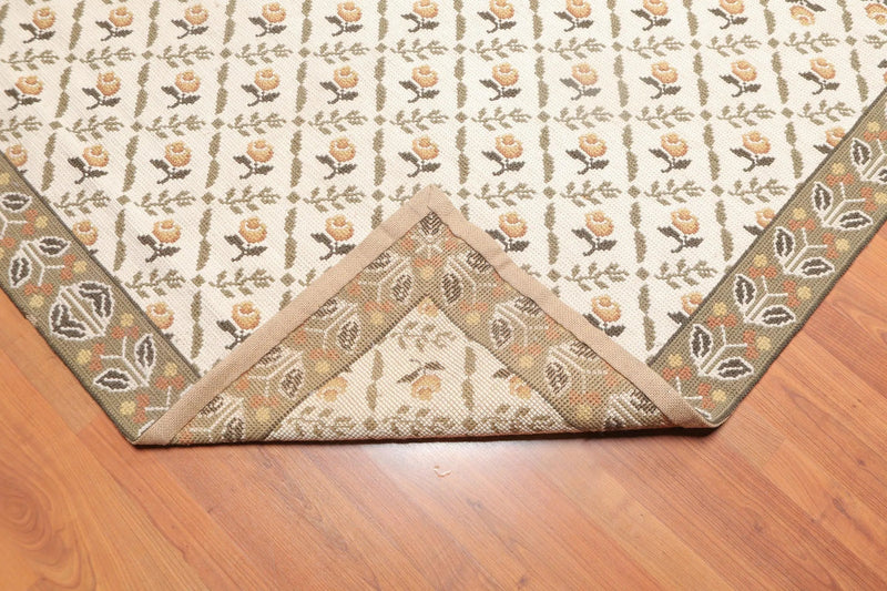 5' x 8' Hand Woven Floral Flatweave Wool French Needlepoint Area Rug Beige