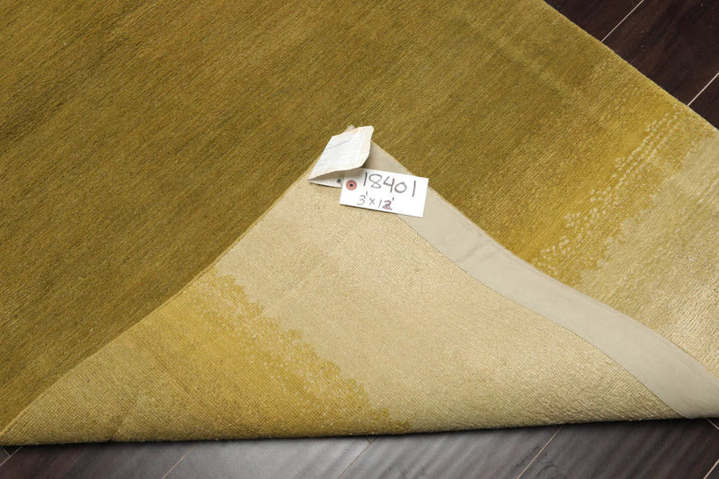 3'1''x12'1'' Runner Olive, Green Hand Knotted Tibetan 100% Wool ombre Modern & Contemporary Oriental Area Rug