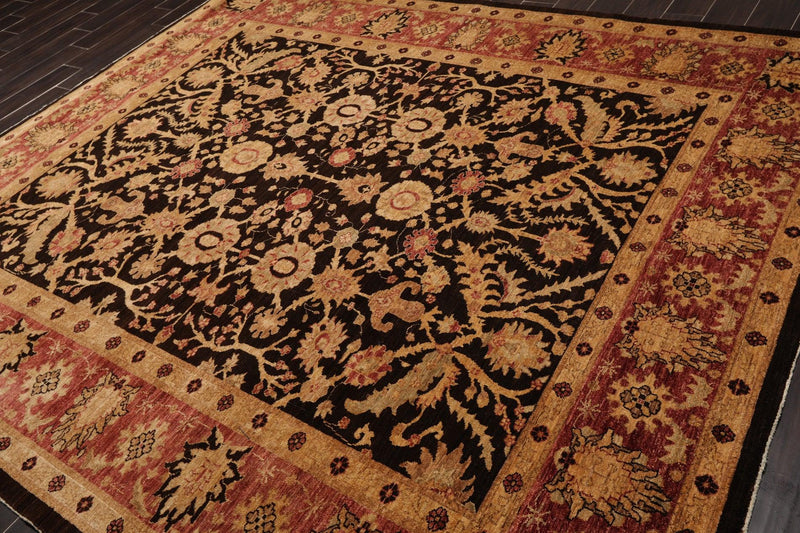 8’4" x 9’10" Hand Knotted Wool Peshawar Super Fine Oriental Area Rug Dark Chocolate