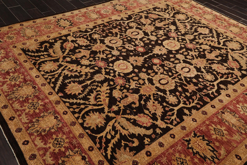 8’4" x 9’10" Hand Knotted Wool Peshawar Super Fine Oriental Area Rug Dark Chocolate