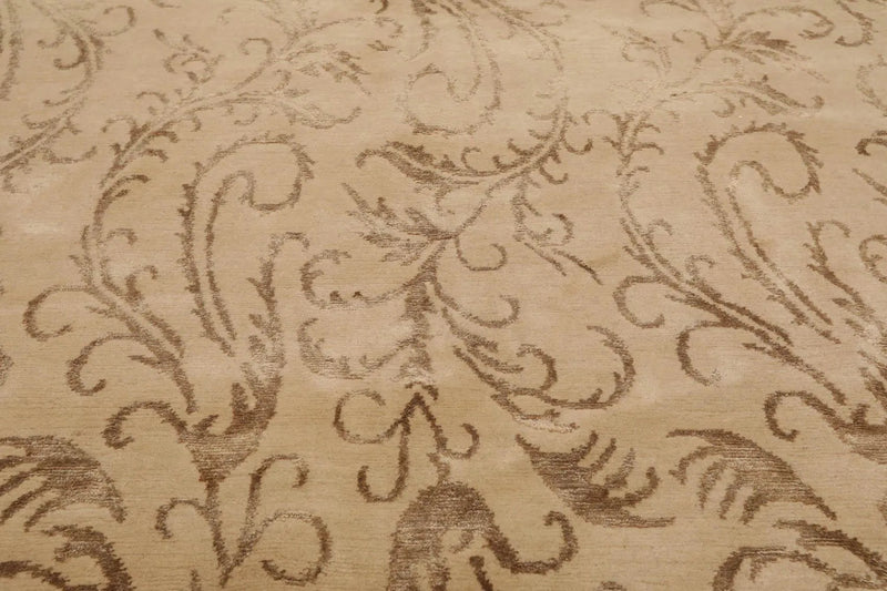 6' x 8'8'' Hand Knotted Tibetan Wool and Silk Botanical Area Rug Beige