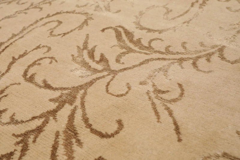 6' x 8'8'' Hand Knotted Tibetan Wool and Silk Botanical Area Rug Beige