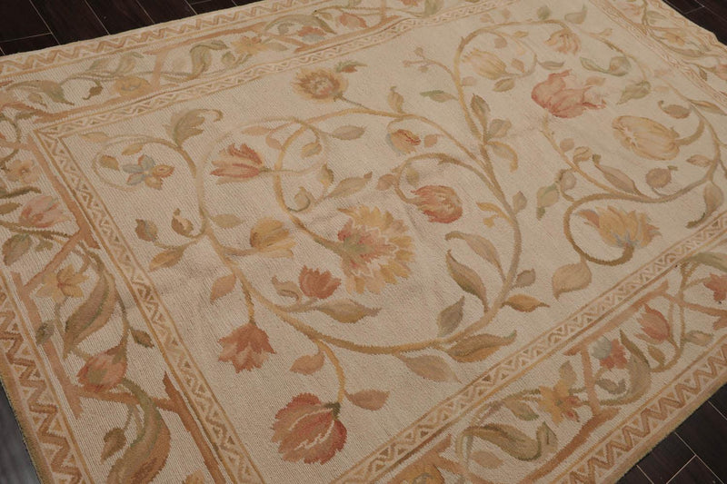 6’x9’4"Hand Knotted 100% Wool French Aubusson Savonnerie Area Rug Beige