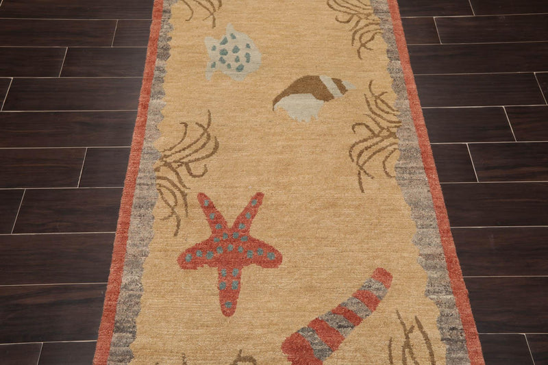 3'1" x 8'11" Runner Hand Knotted Tibetan Wool Designer Plus Pile Area Rug Beige