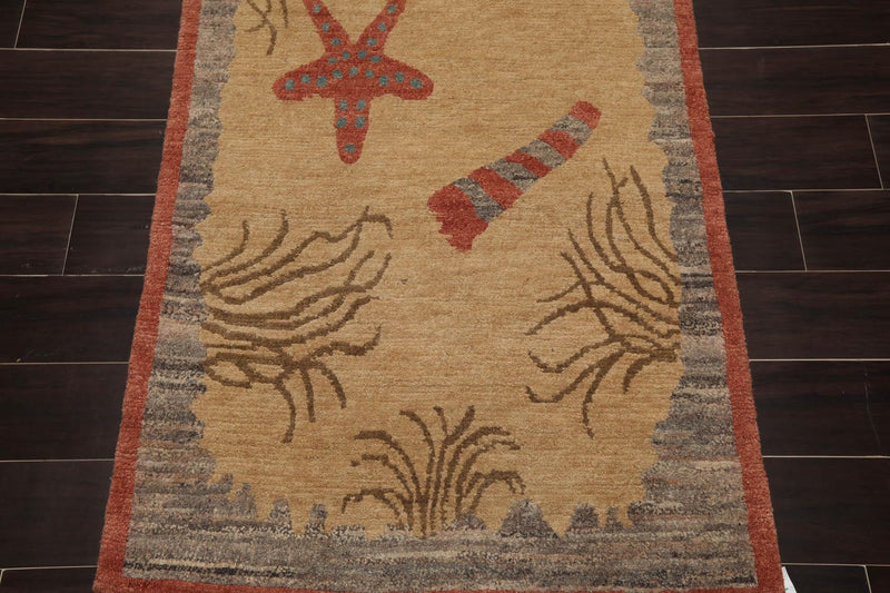 3'1" x 8'11" Runner Hand Knotted Tibetan Wool Designer Plus Pile Area Rug Beige