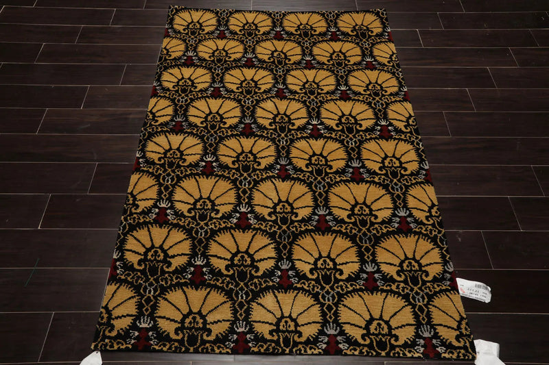 4x6 Black Hand Knotted Tibetan 100% Wool Art Deco Oriental Area Rug