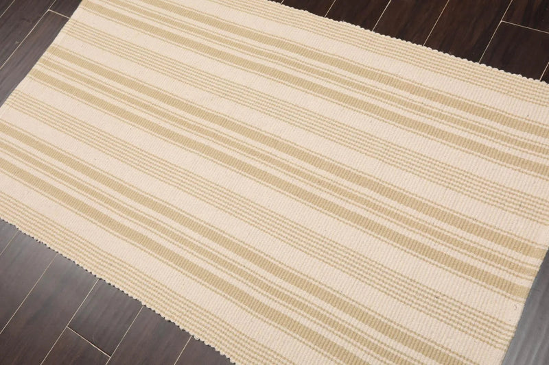 3' x 5' Hand Woven Dhurry Kilim Flatweave Wool Stripes Oriental Area Rug Beige
