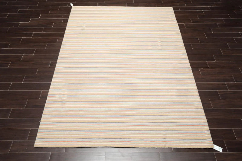 6'8'' x 9'11'' Hand Knotted Wool Designer Stripes Flat Weave Area Rug Beige