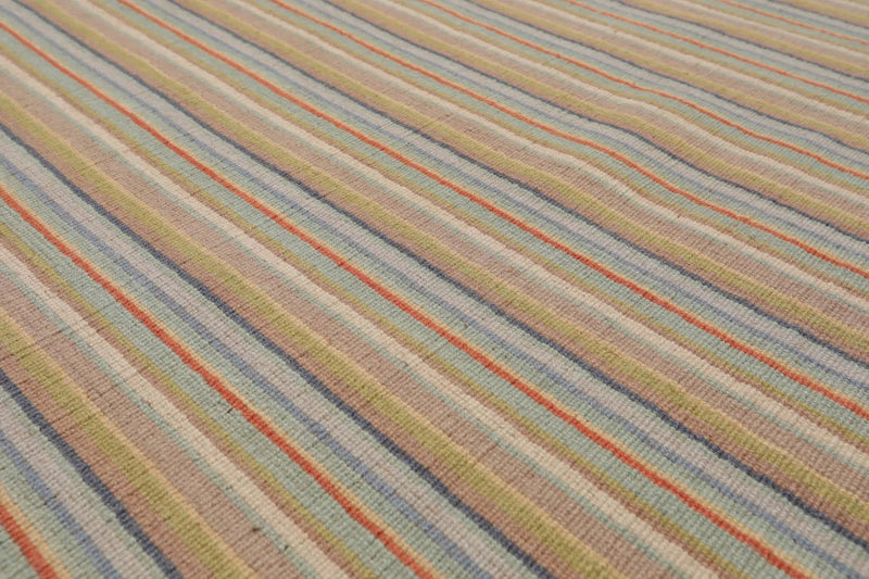 6'8'' x 9'11'' Hand Knotted Wool Designer Stripes Flat Weave Area Rug Beige