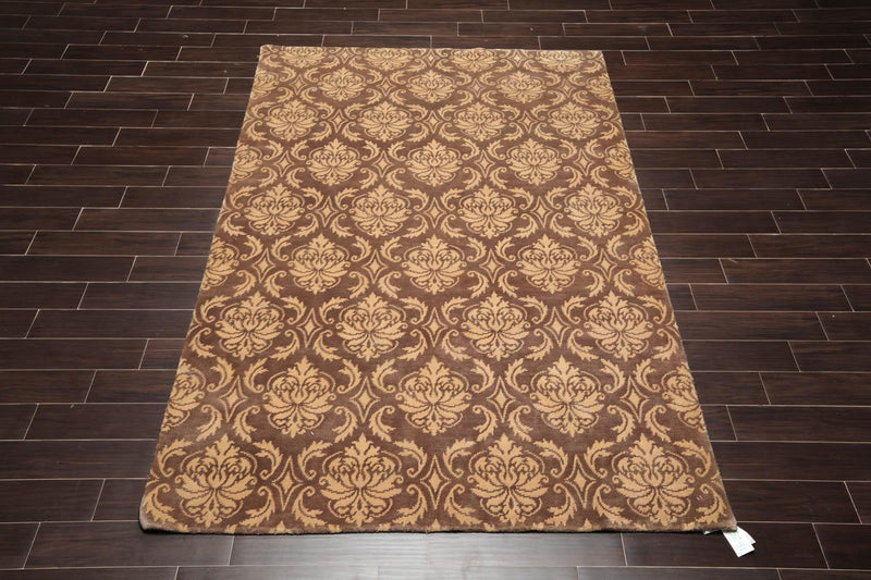 6'1" x 9'3" Hand Knotted Tibetan Wool Damask Designer Area Rug Brown Caramel