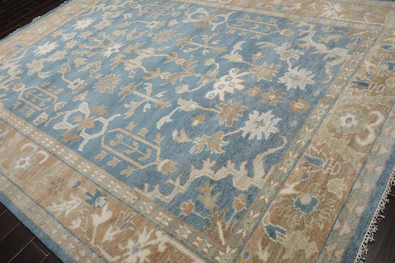 8’11" x 11’11”Muted Hand Knotted Wool Traditional Indo Herizz Area Rug Blue