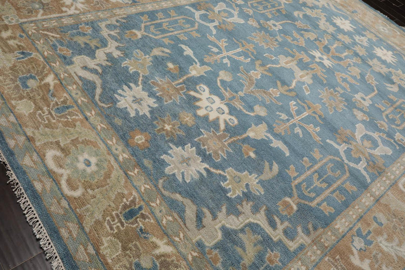 8’11" x 11’11”Muted Hand Knotted Wool Traditional Indo Herizz Area Rug Blue