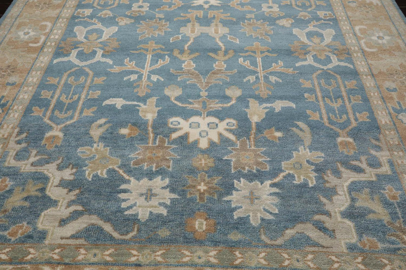 8’11" x 11’11”Muted Hand Knotted Wool Traditional Indo Herizz Area Rug Blue