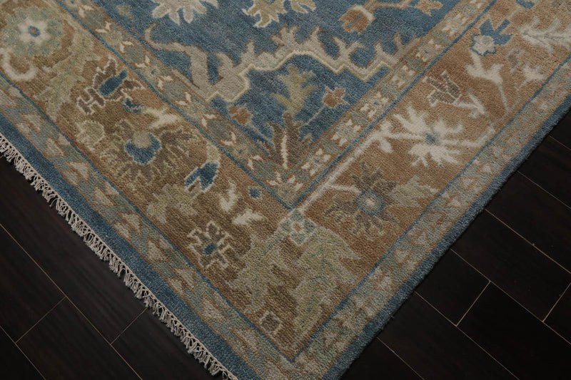 8’11" x 11’11”Muted Hand Knotted Wool Traditional Indo Herizz Area Rug Blue