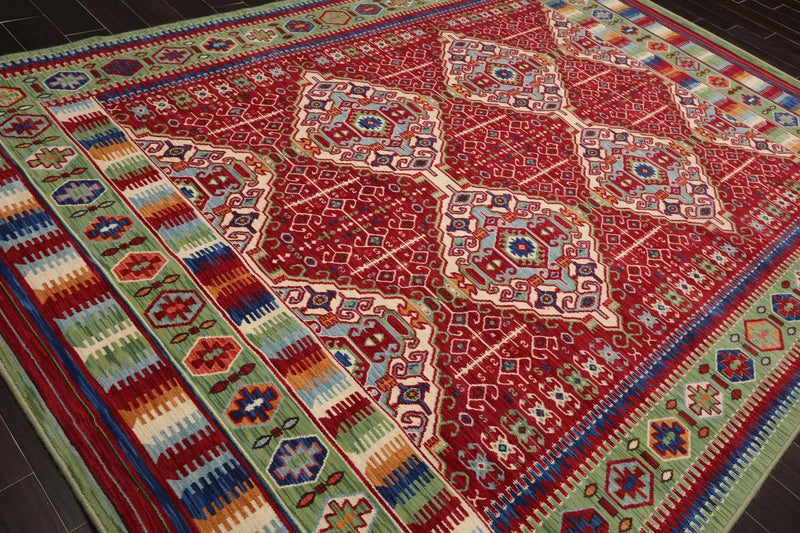 8' x 11' Geometric Traditional Wool Area Rug Red Made in USA