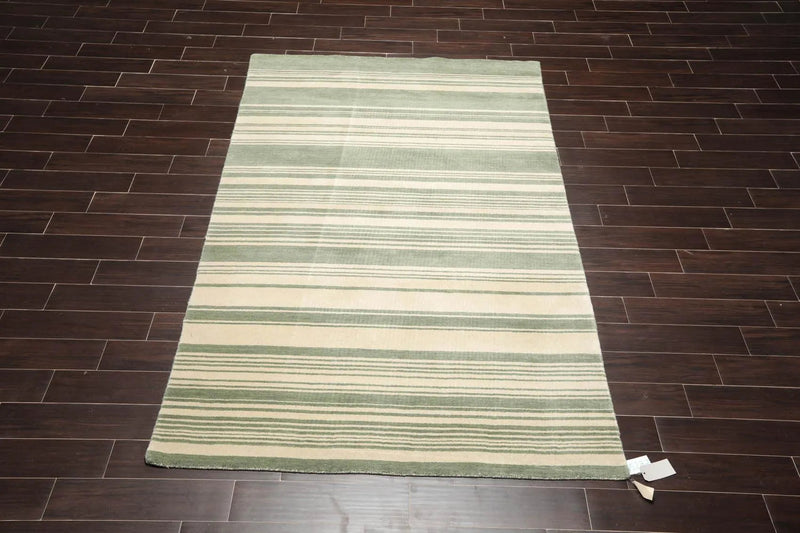 5'6'' x 8'10' Hand Knotted Tibetan Wool Designer Stripes Oriental Area Rug Beige