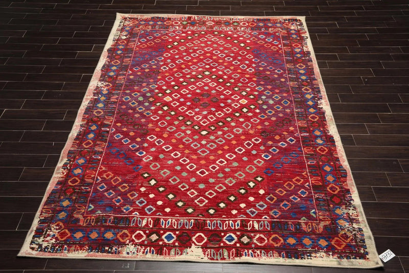 8 x 11 Boho Chic 100% Wool Area Rug Red Made in USA
