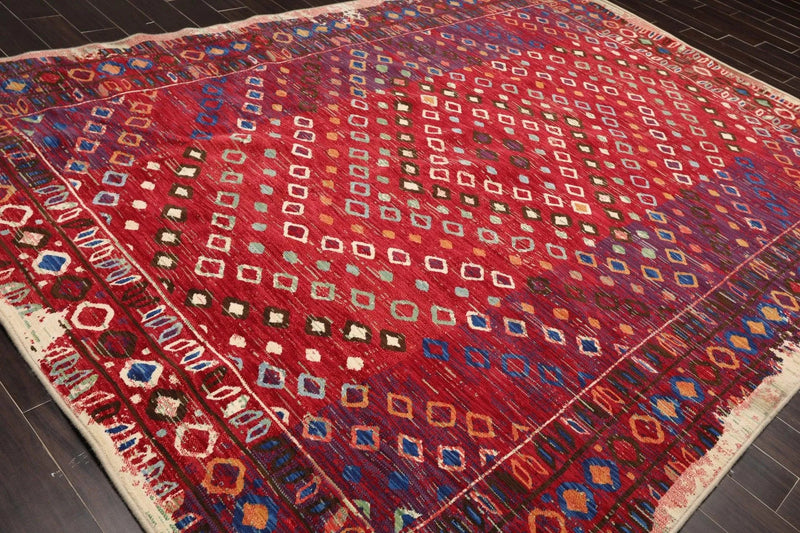 8 x 11 Boho Chic 100% Wool Area Rug Red Made in USA