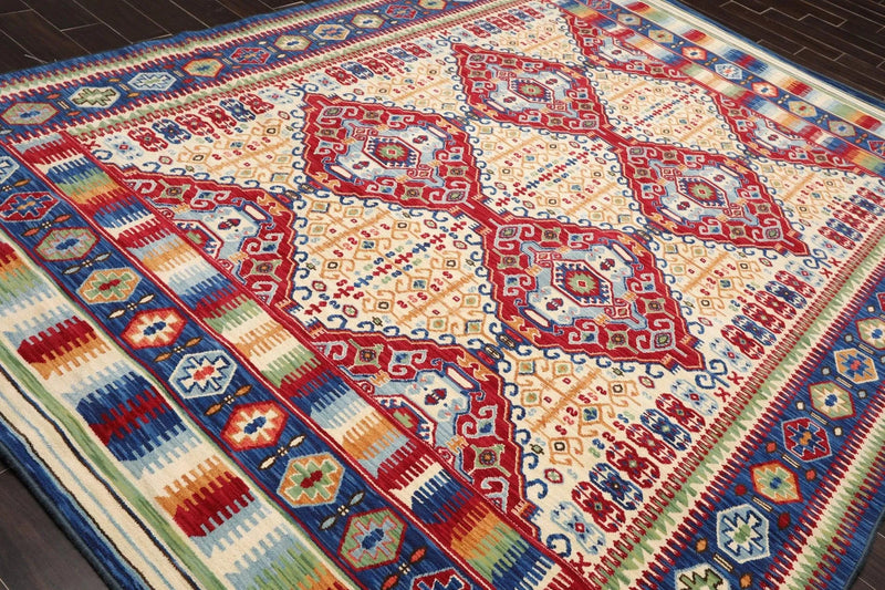 8 x 11 Geometric Panel Style Wool Area Rug Ivory Made in USA