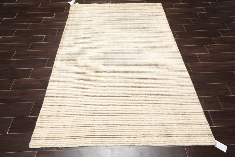 5' x 7'4'' Handmade 100% Wool Designer Stripes Modern Oriental Area Rug Beige