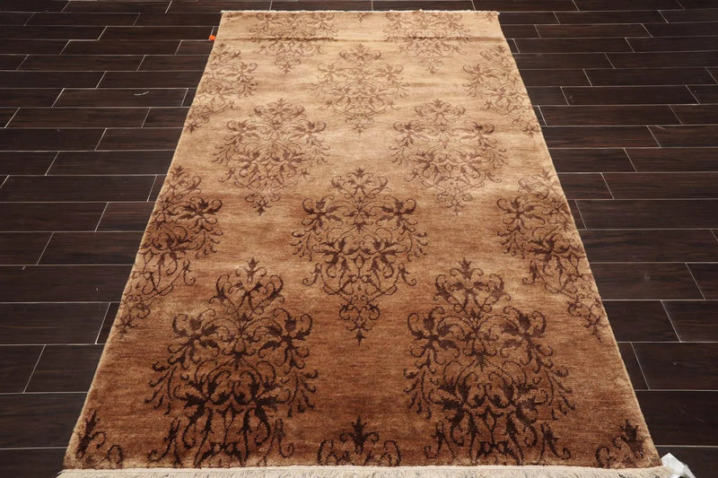 5'1'' x 7'10'' Hand Knotted Tibetan Wool Damask Designer Area Rug Brown, Tan