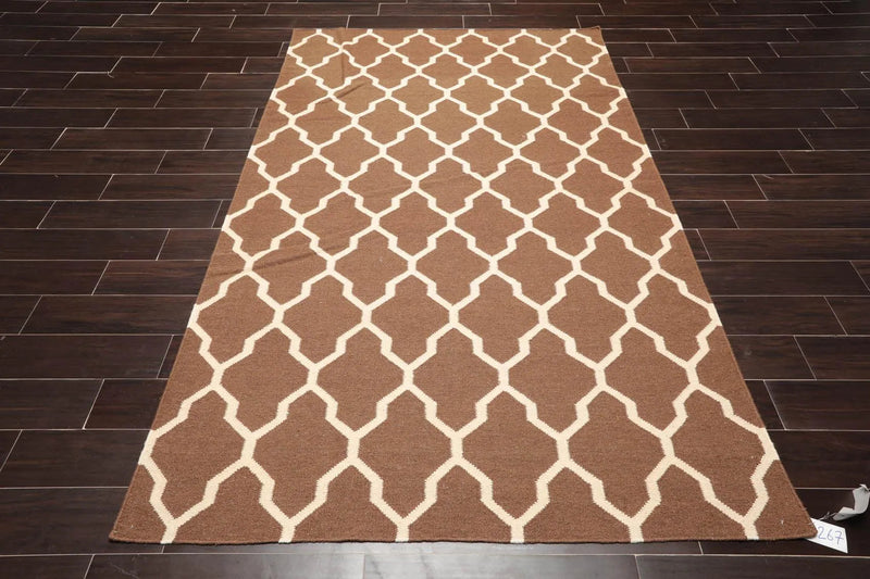 5'1'' x 8'1'' Hand Woven Dhurry Kilim Flatweave Wool Hip Designer Area Rug Brown