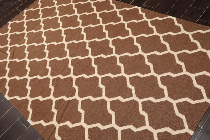 5'1'' x 8'1'' Hand Woven Dhurry Kilim Flatweave Wool Hip Designer Area Rug Brown