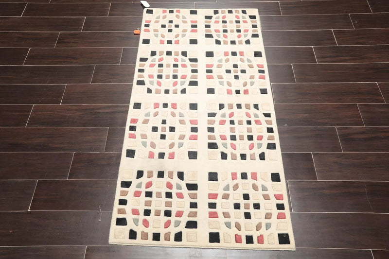 2'7' x 5' Hand Knotted Tibetan 100% Wool Graphic Modern Oriental Area Rug Cream