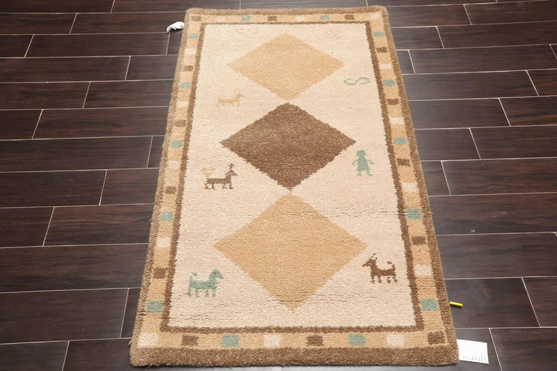 3' x 5' Hand Knotted 100% Wool Gabbeh Modern Plush Pile Area Rug Beige