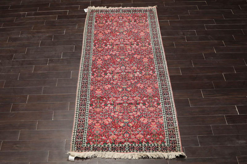 3’3"x9’9" Runner Rose, Ivory Hand Knotted 200 KPSI Kashmir Silk Traditional Oriental Area Rug