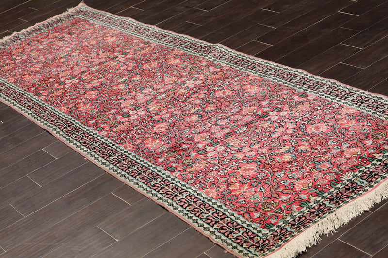 3’3"x9’9" Runner Rose, Ivory Hand Knotted 200 KPSI Kashmir Silk Traditional Oriental Area Rug