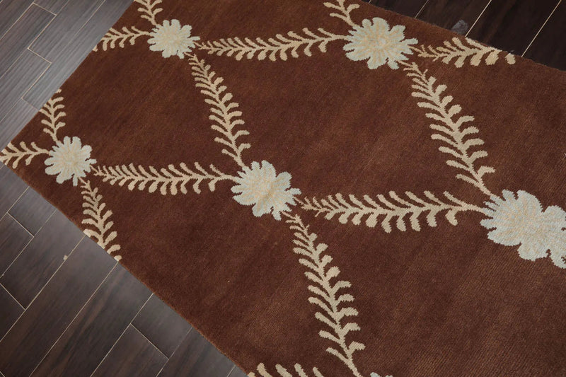 3x5 Hand-Knotted Tibetan Terra Trellis Floral Wool & Silk Brown Are Rug