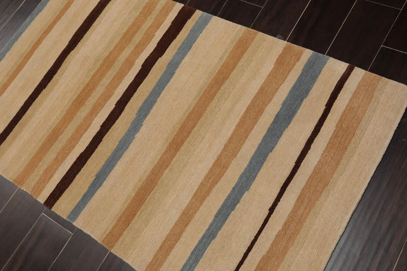 3x5 Hand-Knotted Contemporary  Striped Tibetan Wool Area Rug Beige