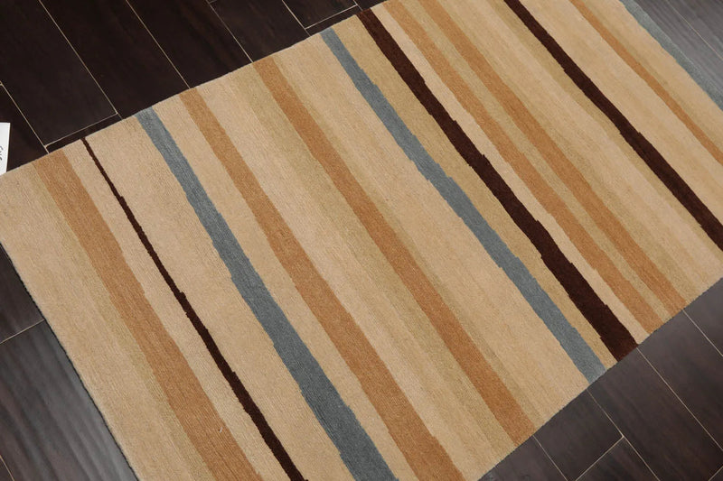 3x5 Hand-Knotted Contemporary  Striped Tibetan Wool Area Rug Beige