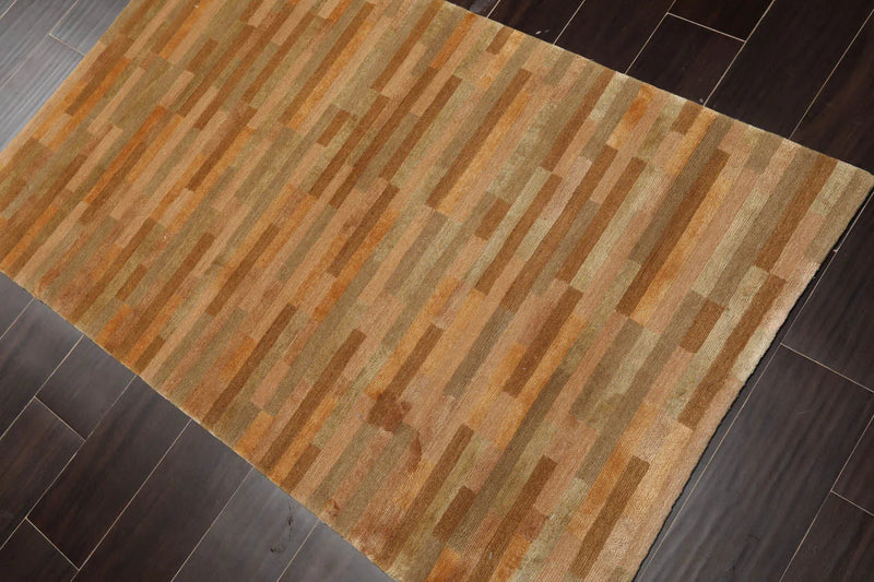 3x5 Gold Hand Knotted Tibetan Contemporary Striped Wool & Silk Oriental Area Rug